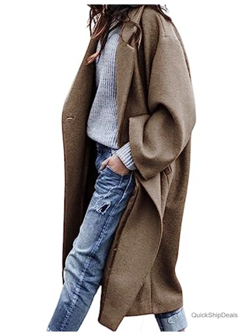 Women's Wool Blend Oversized Double Breasted Long Pea Coat Notch Lapel